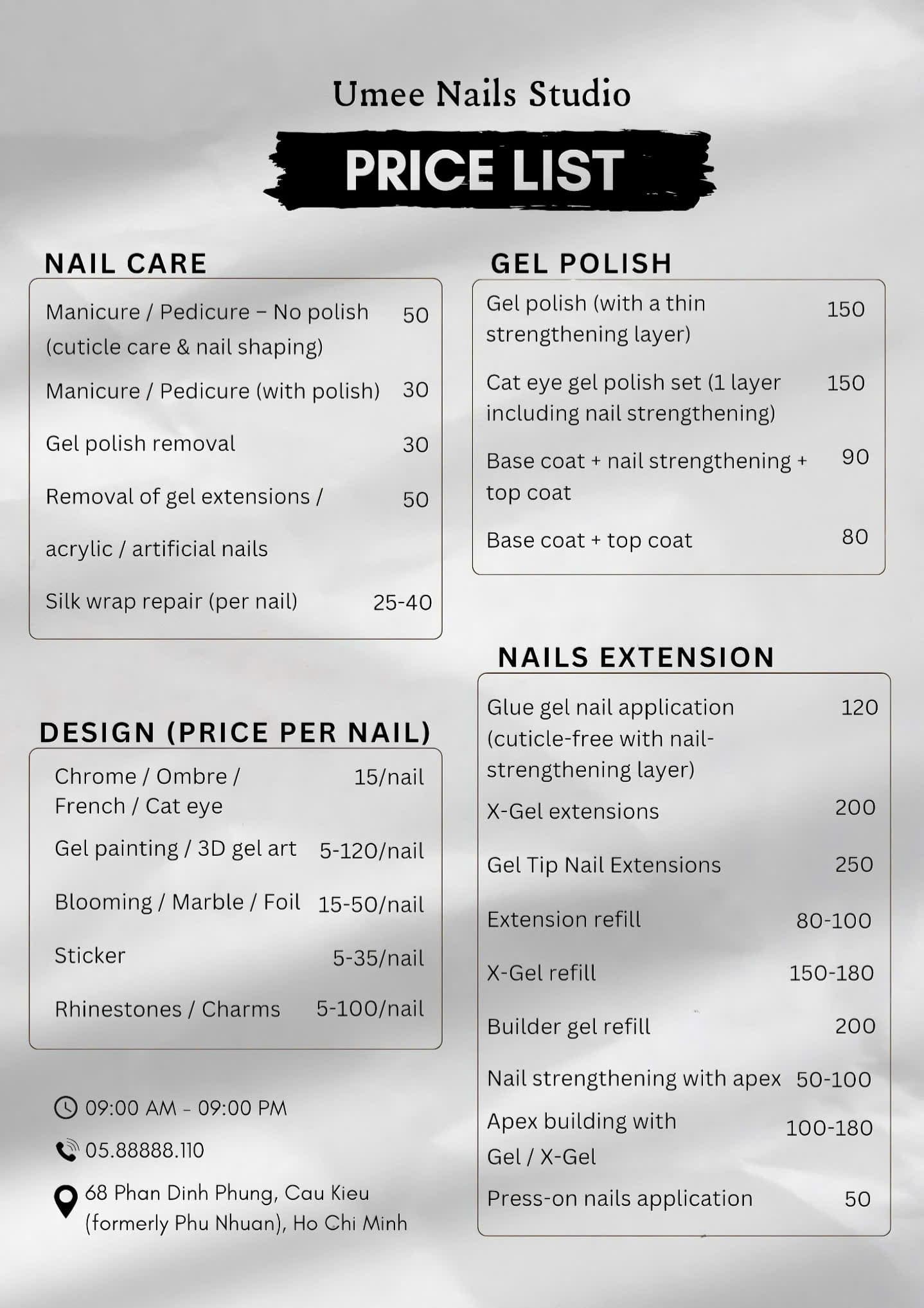 Price list of nail services at Umee Nails Studio in Saigon